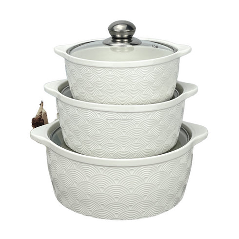 3 Piece White Ceramic Casserole Serving Dishes Set with Tempered Glass Lid Covers